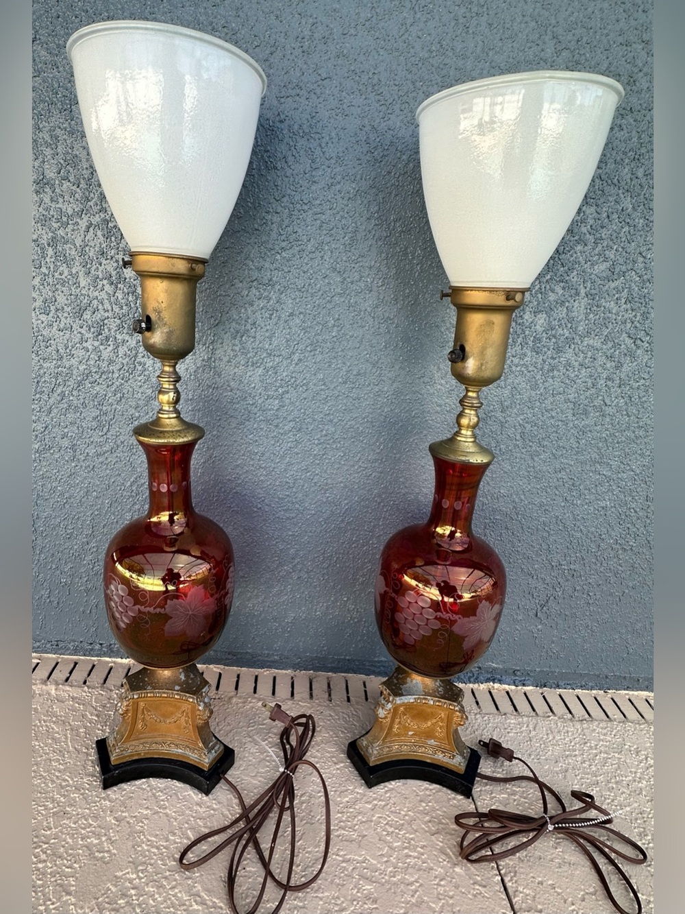 Pair Vintage Hollywood Regency Cranberry Glass Table Lamps Etched Grapes Working